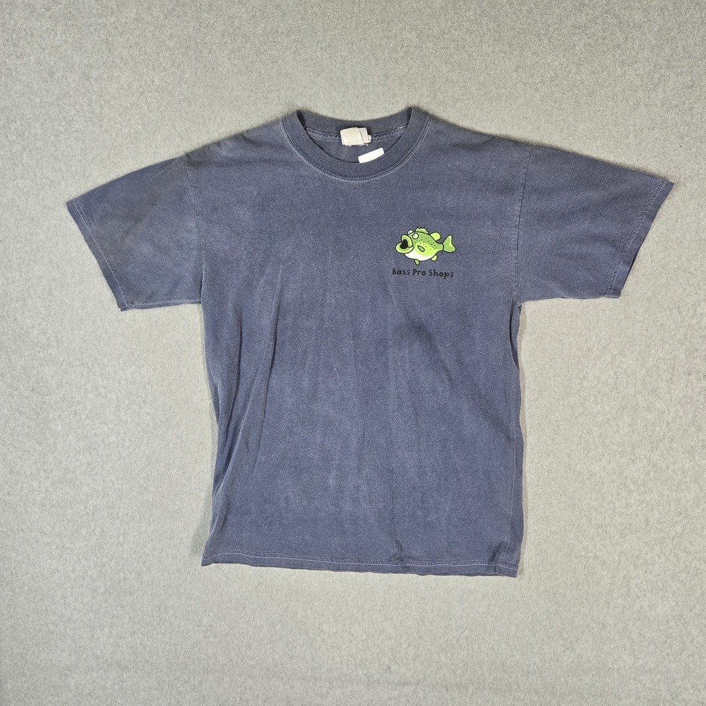 Bass Pro Shops Men Shirt M Blue Graphic Fish Tee Logo Short Sleeve READ